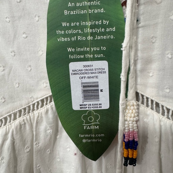 🌴Farm Rio Macaw 🦜 Cross Stitch Embroidered maxi midi Dress Off-White Size M NWT - Picture 4 of 12